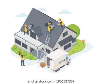 Roof Maintenance Team Service House Isometric 3d