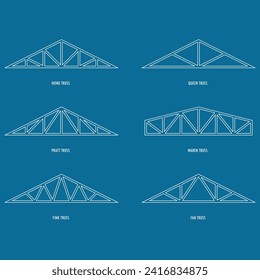 Roof metal trusses constructions. Set of roofing steel frames. Vector architectural blueprint. Collection of elements for rafter. Illustration for engineering education. Vector EPS10.