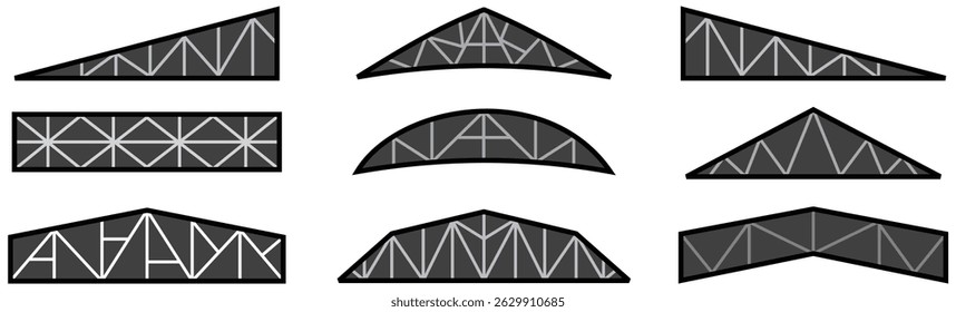 Roof metal trusses constructions. Set of roofing steel frames. Vector architectural blueprint. Illustration for engineering education