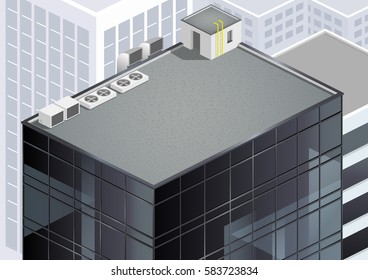 The roof of a modern building or skyscraper with communications in urban areas. Vector graphics. Isometric scheme