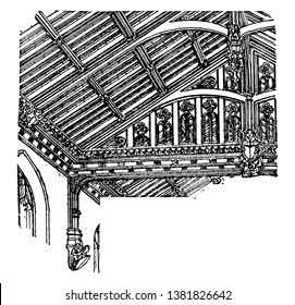 Roof of Nave, St. Mary's, Westonzoyland, The English treated woodwork, with consummate skill,  the proper distribution of the strains, vintage line drawing or engraving illustration.