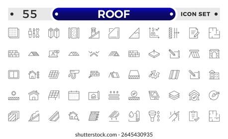 Roof Outline icons set. Construction and roofing repair of the roof of the house. Property and characteristics of different types of roofs. Layers of materials, tools, linear icon. 

