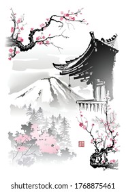 The roof of the pagoda and branches of Sakura on the background of Mount Fuji. Vector illustration in traditional oriental style. Printing with hieroglyphs - beauty, spring, harmony.