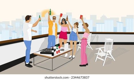 Roof party. Cartoon character. City house. Holiday celebration. Happy scene. Fun meeting. Panorama view. Modern people. Terrace on building top. Young group. Wine on table. Vector illustration