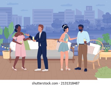 Roof patio party flat color vector illustration. Guests chatting and having fun. Scandinavian style. Cozy and comfortable roof patio. 2D simple cartoon characters with rooftop patio on background