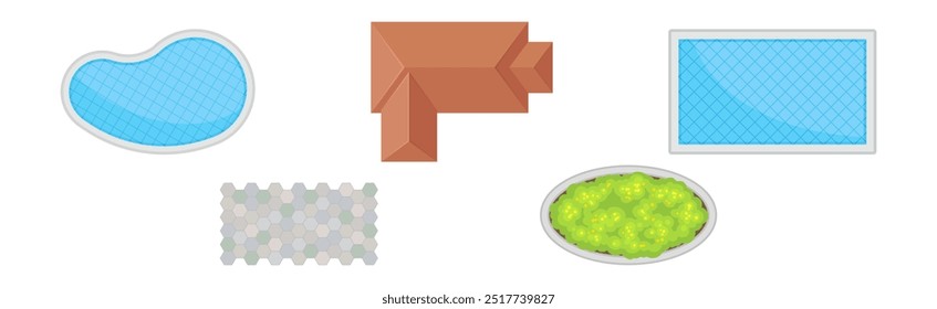 Techo, pavimento, piscina y arbusto verde como conjunto de Vector de elementos de diseño de paisaje