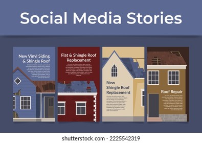 Roof repair construction improvement service social media stories set vector isometric illustration. Building renovation rooftop replacement residential house architecture development internet promo