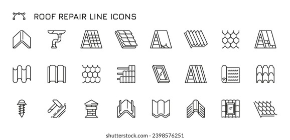 Iconos de reparación de techos. Pictogramas de reparación y renovación de los edificios, cubierta y aislamiento de los techos, elementos exteriores e interiores de los edificios. Conjunto de vectores de la construcción y renovación de viviendas