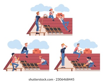 Roof Repair with People Construction Workers Characters Working Vector Set