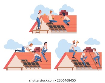 Roof Repair with People Construction Workers Characters Working Vector Set