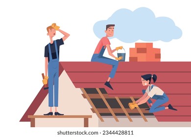 Roof Repair with People Construction Workers Characters Working Vector Illustration