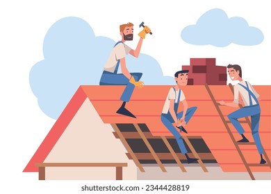 Roof Repair with People Construction Workers Characters Working Vector Illustration