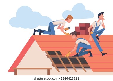 Roof Repair with People Construction Workers Characters Working Vector Illustration