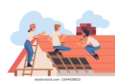 Roof Repair with People Construction Workers Characters Working Vector Illustration