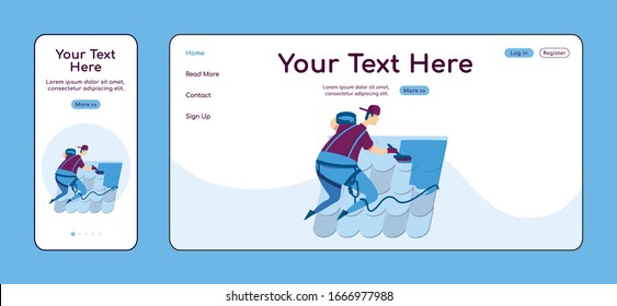 Roof repair service adaptive landing page flat color vector template. Handyperson mobile and PC homepage layout. Repairman one page website UI. Home repairs webpage cross platform design