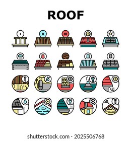 Roof Replacement Job Collection Icons Set Vector. Metal And Wooden Roof Replacement, Installation Solar Panel And Skylight, Ventilation And Renovation Line Pictograms. Contour Color Illustrations