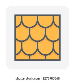 Roof shingles pattern vector icon. That flat roof made of many materials i.e. wood, slate, flagstone, metal, plastic, fiber cement and asphalt shingles. For cover rooftop of house or building.