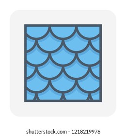 Roof shingles vector icon. That roof material is flat and made of many materials i.e. wood, slate, flagstone, metal, plastic, fibre cement and asphalt shingles. For cover rooftop of house or building.
