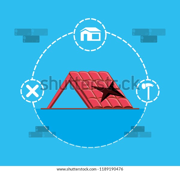 roof construction worker repair home, build structure fixing rooftop tile  house with labor equipment, roofer men with work tools in hands outdoors  renovation residential vector illustration Stock Vector - Adobe Stock