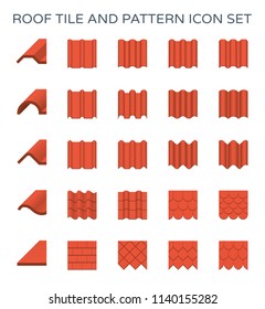 Roof tile or roof sheet icon many shape, texture and pattern i.e. wave, wavy etc. Made from clay, metal, ceramic, terracotta, steel and shingle. For cover rooftop of house. Vector red color icon.
