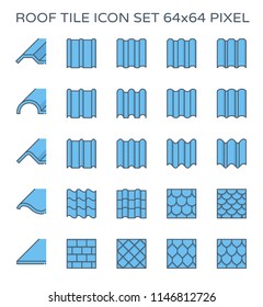 Roof tile or roof sheet icon many shape, texture and pattern i.e. wave, wavy etc. Made from clay, metal, ceramic, terracotta, steel and shingle. For cover rooftop of house. Vector blue color icon.