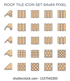 Roof tile or roof sheet icon many shape, texture and pattern i.e. wave, wavy etc. Made from clay, metal, ceramic, terracotta, steel and shingle. For cover rooftop of house. Vector brown color icon.