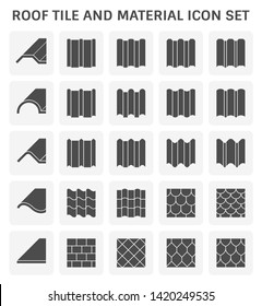 Roof Tile Or Roof Sheet Icon Many Shape, Texture And Pattern I.e. Wave, Wavy Etc. Made From Clay, Metal, Ceramic, Terracotta, Steel And Shingle. For Cover Rooftop Of House. Vector Silhouette Icon.