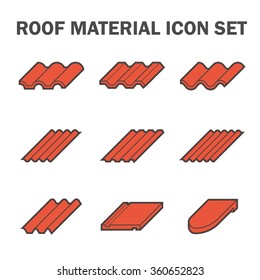 Roof tile or roof sheet icon many shape, texture and pattern i.e. wave, wavy etc. Made from clay, metal, ceramic, terracotta, steel and shingle. For cover rooftop of house. Vector red color icon.