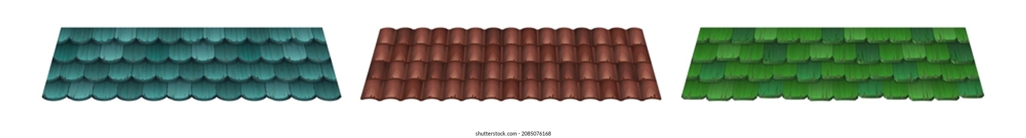 Roof tile textures, traditional house cover with rounded wooden and wave clay tiles. Vector cartoon set of blue, green and brown rooftop of buildings isolated on white background