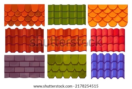 Roof tile textures, traditional house cover with rounded wooden and wave clay tiles. Vector cartoon set of blue, red, green and brown rooftop of buildings isolated on white background 商業照片 © 