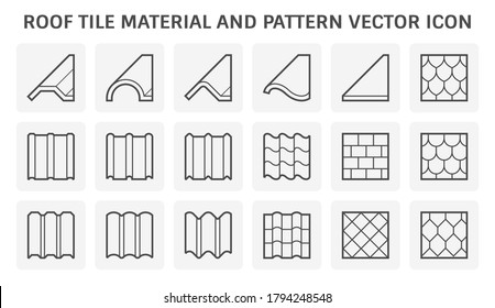 Roof Tile Vector Icon. Consist Of Many Shape And Texture Surface I.e. Wave, Wavy And Sheet. Many Material I.e. Clay, Metal, Ceramic, Terracotta, Steel And Shingle. For House Cover And Construction.