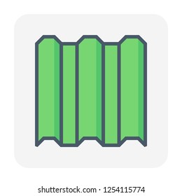 Roof tile vector icon. Made from material i.e. terracotta, slate, metal, steel, ceramic, concrete, plastic, clay or fiberglass. For cover, decoration and construction at top of house or building.