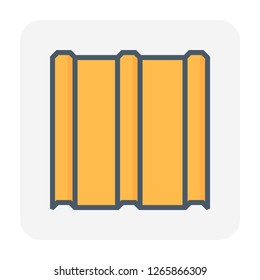 Roof tile vector icon. Made from material i.e. terracotta, slate, metal, steel, ceramic, concrete, plastic, clay or fiberglass. For cover, decoration and construction at top of house or building.