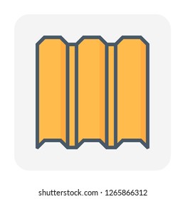 Roof tile vector icon. Made from material i.e. terracotta, slate, metal, steel, ceramic, concrete, plastic, clay or fiberglass. For cover, decoration and construction at top of house or building.
