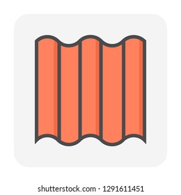 Roof tile vector icon. Made from material i.e. terracotta, slate, metal, steel, ceramic, concrete, plastic, clay or fiberglass. For cover, decoration and construction at top of house or building.