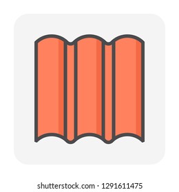 Roof tile vector icon. Made from material i.e. terracotta, slate, metal, steel, ceramic, concrete, plastic, clay or fiberglass. For cover, decoration and construction at top of house or building.