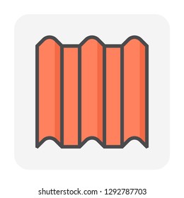 Roof tile vector icon. Made from material i.e. terracotta, slate, metal, steel, ceramic, concrete, plastic, clay or fiberglass. For cover, decoration and construction at top of house or building.