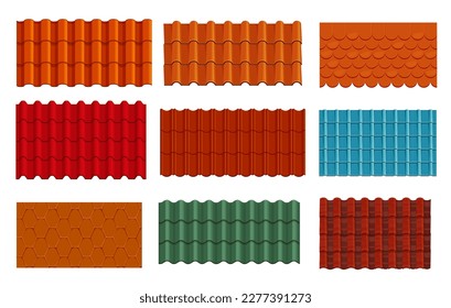 Roof tiles texture backgrounds and seamless patterns, vector house rooftops. Orange, red, green and blue roof top tiles of clay shingle, home rooftop covers and ceramic terracotta tilings