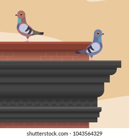 Roof top on a brick wall with pigeons. Vector flat illustration