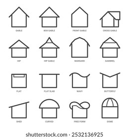 tipos de telhado conjunto de ícones de linha, vetor e ilustração