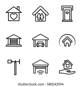 roof vector icons. Set of 9 roof outline icons such as door with heart, home care, weather vane, home with heart