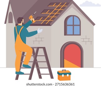 Teto Trabalho com precisão e cuidado conceito, técnico instalando elementos de telhados usando design vetor de broca de poder, trabalhadores de construção bandeira, Cena de trabalho qualificada, Ilustração de estoque de obras de engenharia civil