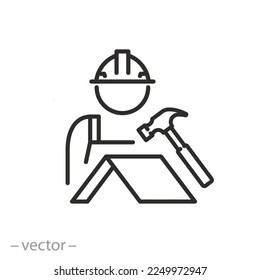 roof worker icon, roofer profession, maintenance with inspection roofing, thin line symbol - editable stroke vector illustration