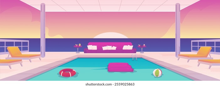 Roofed swimming pool on resort beach, vector illustration. Empty background with sunset sun, pool, lounge chairs, ball, air mattress and sofa. Vacation and leisure theme. Flat cartoon style.