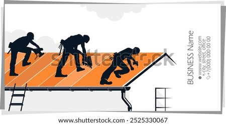 Roofer crew on the roof with tools business card