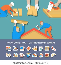 Roofer flat and colored composition with roof construction and repair works description vector illustration