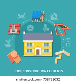 Roofer flat composition with roof construction elements headline and different type of construction elements vector illustration