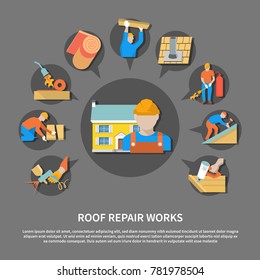 Roofer Flat Flyer With Roof Repair Works Description And Colored Colored Icon Set Vector Illustration