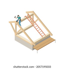 Roofer with hammer making wooden roof construction isometric icon vector illustration