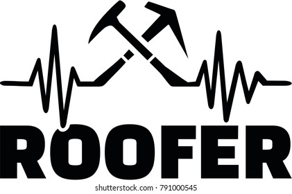 Roofer heartbeat pulse with job title and crossed roofing tools